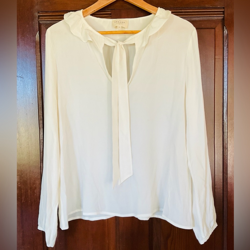 Sézane Cream 100 % Silk Blouse with Ruffle Collar